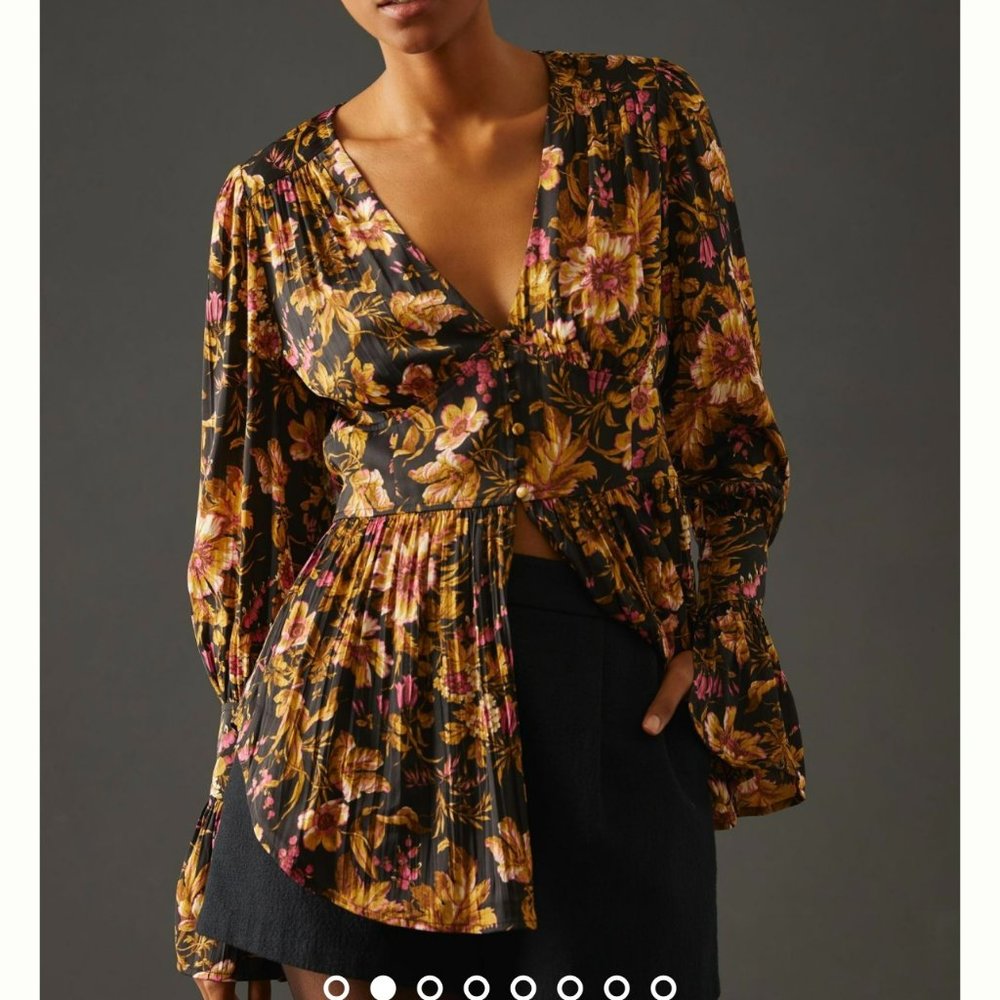 NWT Anthropologie‎ Women's Deep V Black Floral Motif Tunic, Size M